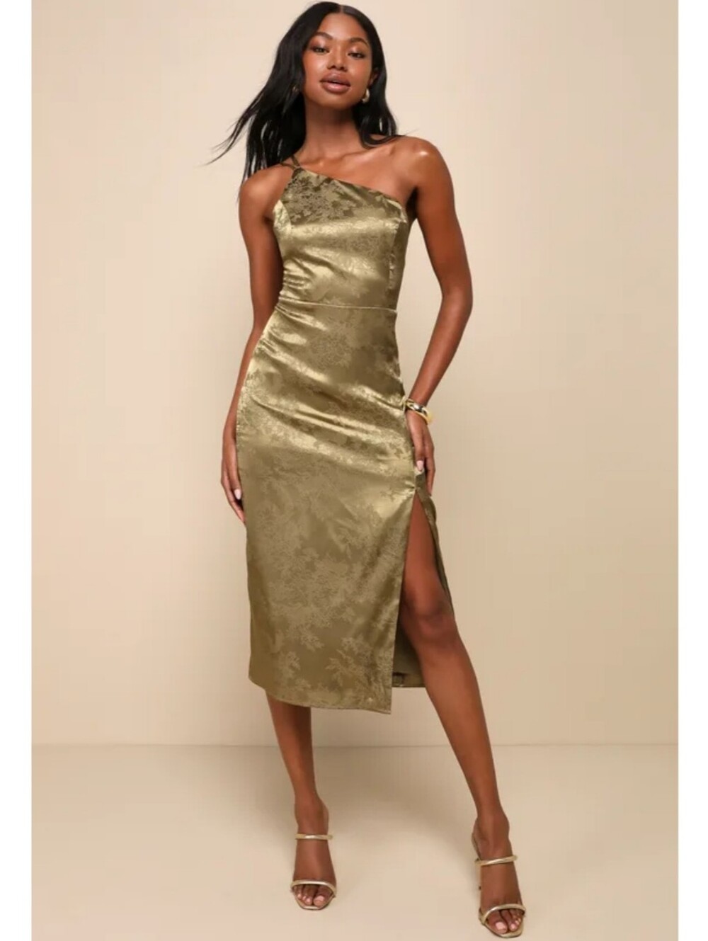 Lulu's olive green satin floral jacquard one-shoulder midi dress